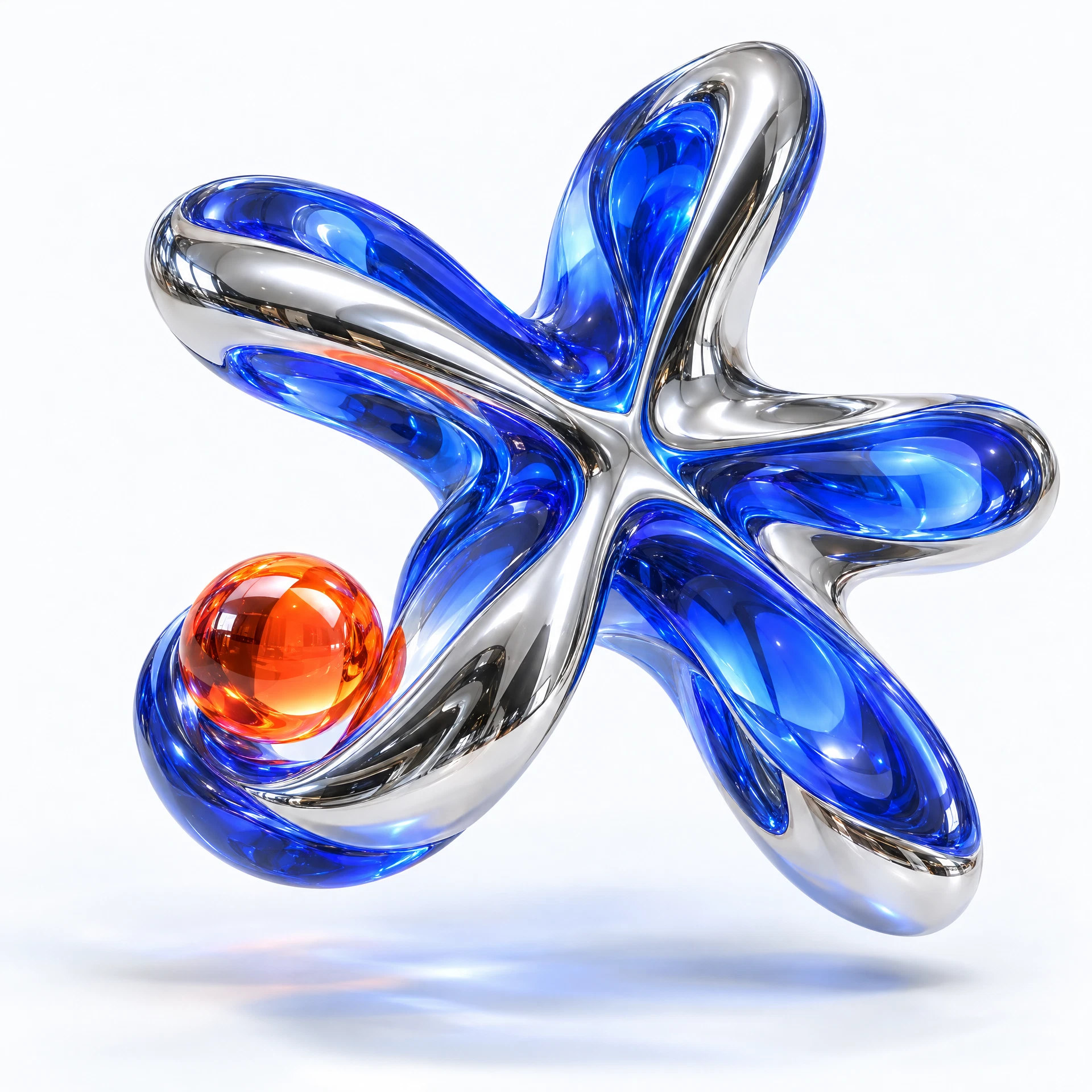 Dimensional cobalt glass and silver star sculpture with a bright orange accent